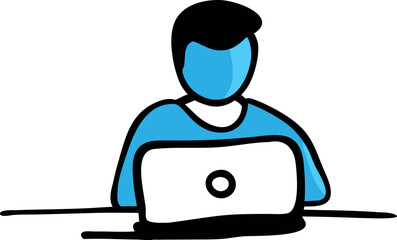 Symbolic simple drawing of a man at a laptop. Vector