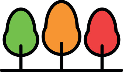 3 trees: green, orange and coral colors. (flat design set, vector)