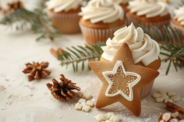 A cupcake with white frosting and a gingerbread star decoration, surrounded by pine branches and fairy lights