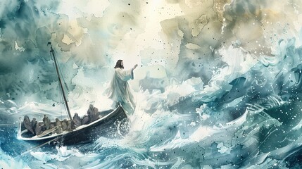 Watercolor painting of Biblical scene depicting Jesus calming a stormy sea with a boat full of disciples