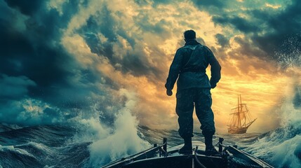 Courageous captain stands on his ship, gazing at a sinking vessel in the distance amidst a raging sea storm