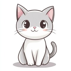 Obraz premium Cartoon illustration of a cute grey and white kitten sitting and looking forward with big eyes