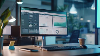 Computer screen is displaying various statistics and data analysis on a desk in an office at night