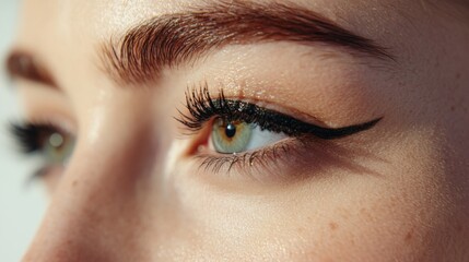 Fototapeta premium A close-up of a woman eyes with expertly applied mascara and eyeliner, showcasing the detail and precision of her eye makeup, against a clean, white background for clear focus.