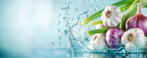 Fresh organic Garlics dropping into water, Water Splash, showcasing vibrant colors and textures on a solidcolored background