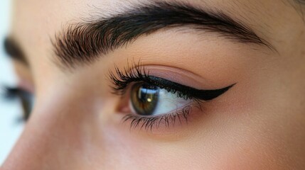 Fototapeta premium A close-up of a woman eyes with expertly applied mascara and eyeliner, showcasing the detail and precision of her eye makeup, against a clean, white background for clear focus.