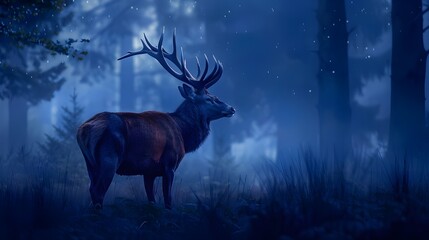 red deer stag in the misty night forest noble deer male banner with beautiful animal in the nature habitat wildlife scene from the wild nature landscape dark blue background  