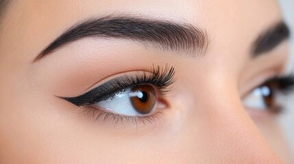 Naklejka premium A close-up of a woman eyes with expertly applied mascara and eyeliner, showcasing the detail and precision of her eye makeup, against a clean, white background for clear focus.