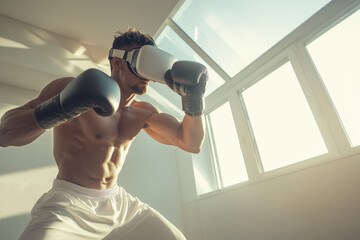 Muscular male boxer is practicing punches while wearing a vr headset in a gym