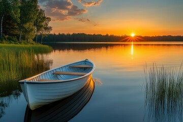 Obraz premium A Small Rowboat Anchored in a Still Lake at Sunset