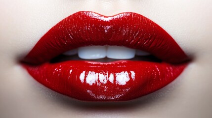 Obraz premium A close-up of a woman lips with a bold, red lipstick, emphasizing the color and gloss, against a clean white background for a striking beauty shot.