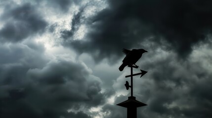 Black raven weather vane perched atop a roof against a dramatic stormy sky