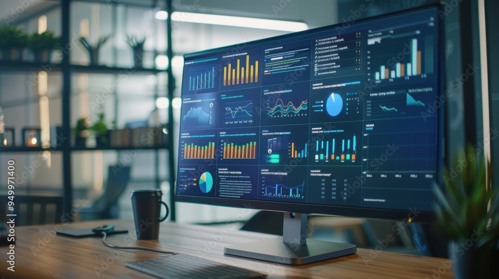 Poster big screen showing various graphs with important business data in a modern office