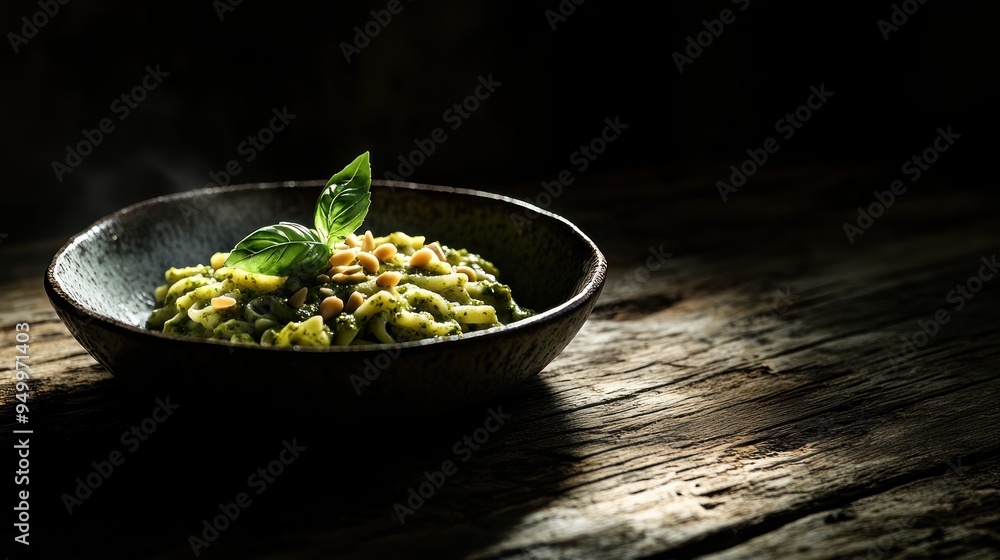 Sticker Delicious Pesto Pasta on Rustic Wooden Table