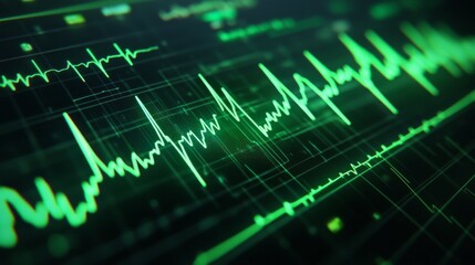 Fototapeta premium A close-up of an ECG monitor displaying electrical waves, with a steady rhythm and green lines on a black screen, representing medical technology.