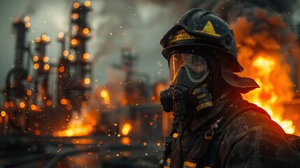 Naklejka premium A close up of a firefighter with a gas mask standing in front of a massive fire.