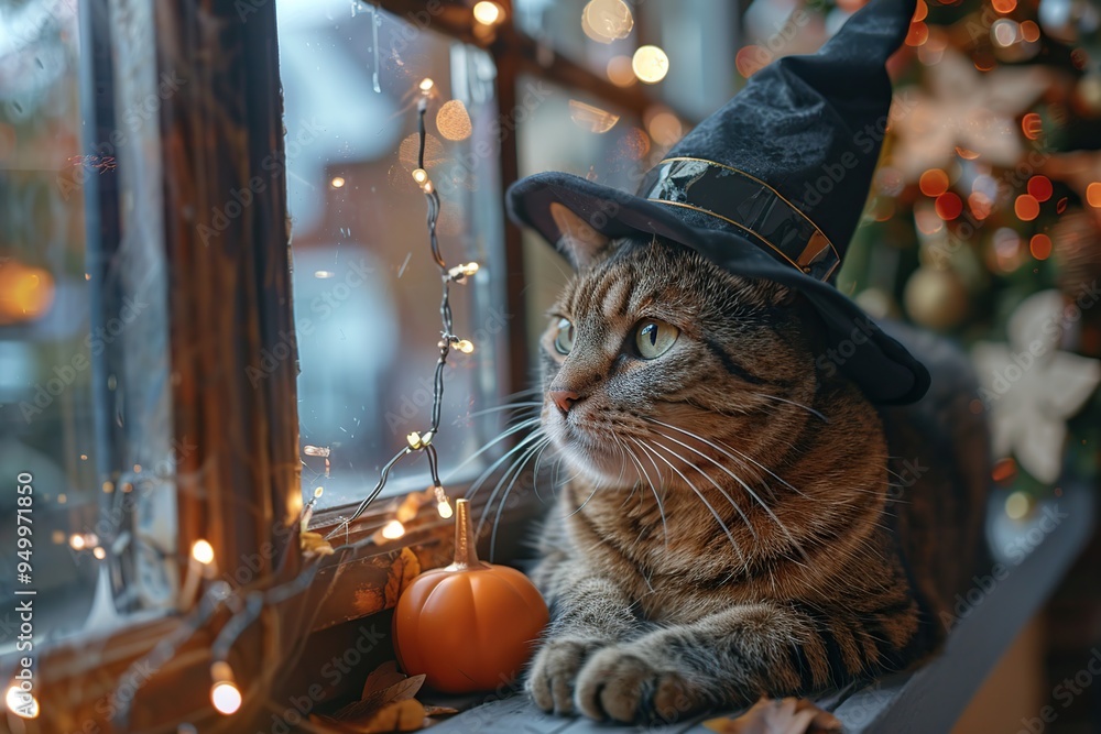 Canvas Prints a tabby cat wearing a witch hat, cozy up by a window