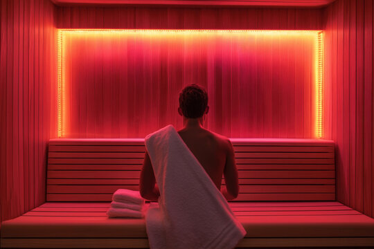 Man is sitting on a wooden bench with a towel, enjoying the benefits of an infrared sauna session