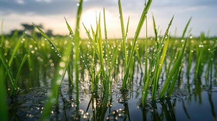 Fototapeta premium Vibrant green rice stalks in a flooded field, close-up view with dew and morning sunlight reflecting off the water and sky. Harvesting