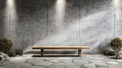 A photorealistic room with concrete walls and a wooden bench