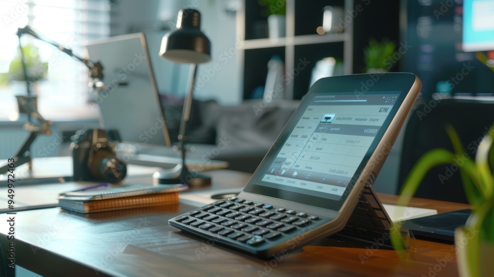 Poster modern tablet computer showing financial charts and data on desk in home office