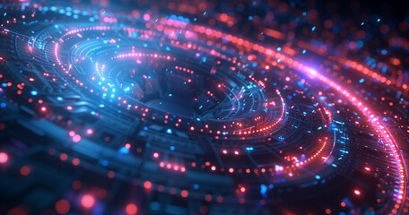 Digital tech circle pattern on dark background.