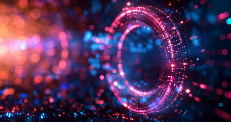 Tech-inspired circular design on dark backdrop.