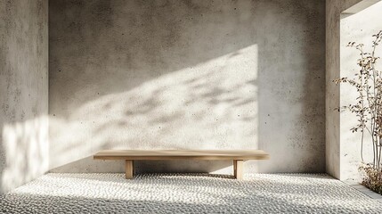 A room with concrete walls and a wooden bench