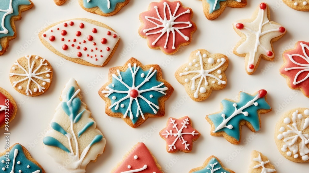 Poster a close-up of decorated cookies with festive designs, such as holiday themes or intricate icing patt