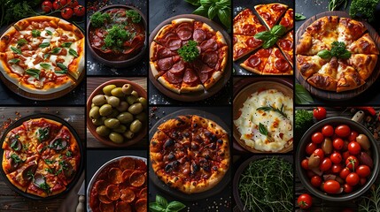Fototapeta premium A pizza party collage showcasing an array of pizzas with diverse toppings like pepperoni, olives, and fresh herbs, each beautifully displayed on rustic wooden boards and ceramic plates, with a warm,
