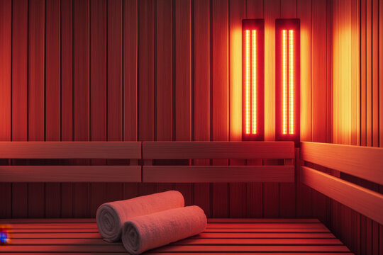 Empty infrared sauna is glowing with warm inviting light