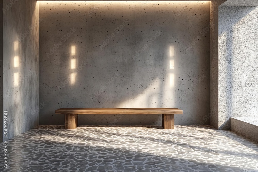 Wall mural a spacious room with concrete walls and a wooden bench