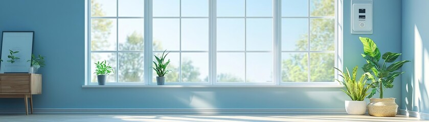 Fototapeta premium Energy-efficient home with double-glazed windows, smart thermostat, and LED lighting, Energy-efficient home improvements, Sustainable solutions