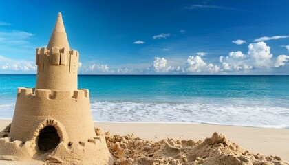 A beautiful sand castle on the beach with the sea and blue sky in the background