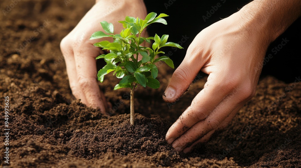 Poster A close-up of hands planting a small tree sapling into the ground, with soil being gently packed around the roots, emphasizing the delicate process of nurturing new growth.