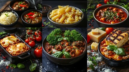 Fototapeta premium A rustic collage of pasta dishes showcasing traditional Italian favorites like spaghetti carbonara, lasagna, and pesto ravioli, each plated on beautiful ceramic dishes, set on a warm,
