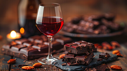 Glass of red wine with a side of dark chocolate
