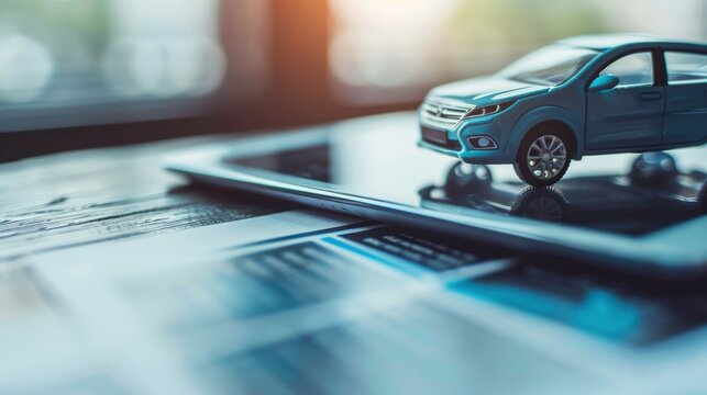 Miniature toy car sitting on digital tablet with charts and graphs visible