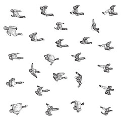 Fototapeta premium Outline of running people from black lines isolated on white background. Men, women and children running. Top view. Vector illustration.
