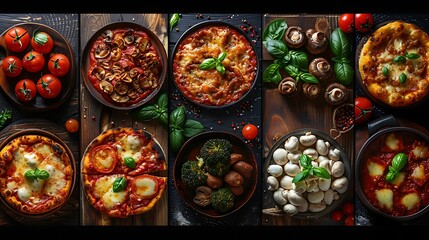 A rustic collage of pizzas with various toppings such as mozzarella, fresh basil, and mushrooms, each pizza with different crusts, presented on wooden boards and ceramic plates, set on a warm,