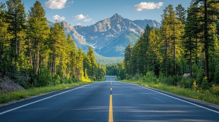 Fototapeta premium Tranquil Road Through Pine Forest with Majestic Mountain View - Nature's Grandeur