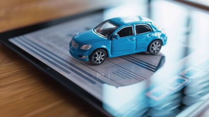 Fototapeta premium Blue toy car on a digital tablet, representing the concept of online car insurance and safety on the road