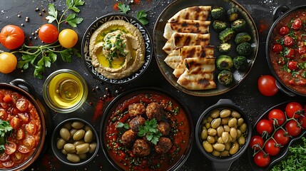 A rustic Mediterranean feast collage featuring hummus, falafel, pita, and grilled vegetables, each plated on vibrant, patterned dishes, with a cozy table setting and soft,