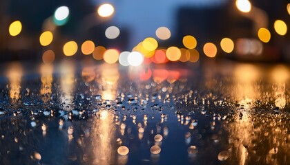 Obraz premium A close-up of a raindrop-covered road surface with beautiful bokeh and city lights in the background