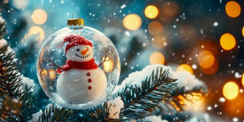 Obraz premium Festive Christmas tree ornament featuring a cheerful snowman inside a glass bauble with a snowy pine tree backdrop, glowing warmly against a blurred, illuminated background.