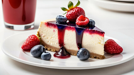 A slice of cheesecake with strawberries, blueberries and raspberries on top of a white plate. A...