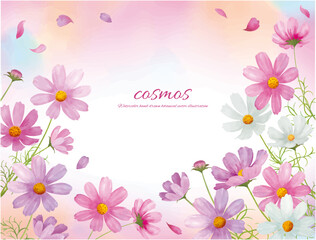 水彩手書きのコスモスの花のベクターイラストフレーム