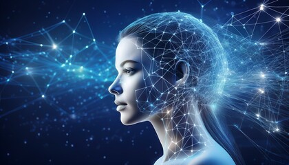 A digital profile of a human head with interconnected lines against a starry blue background, depicting the concept of technology.