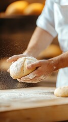 A baker taking freshly baked bread out of the oven in a rustic bakery, with the aroma of warm bread filling the air