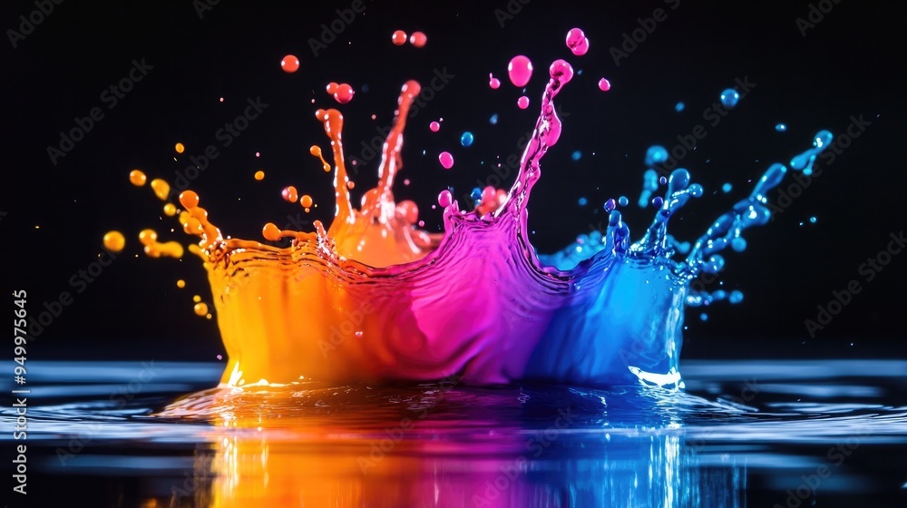 Poster a high-speed capture of a water splash with vibrant dye, creating a colorful explosion.